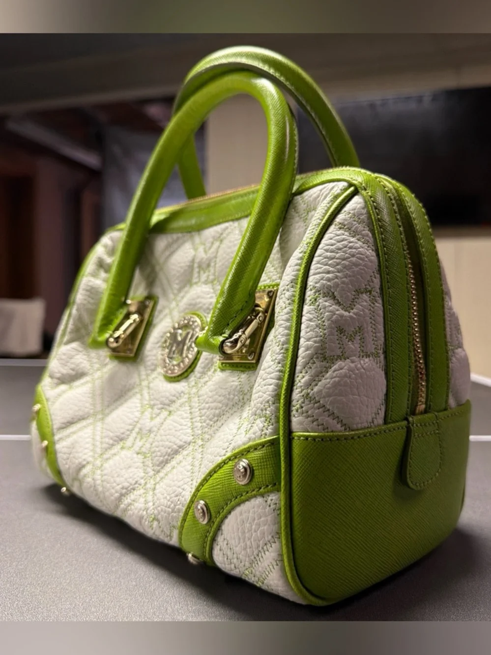 Metrocity Italy White‎ Lime Green Quilted Leather Satchel Handbag Gold Hardware